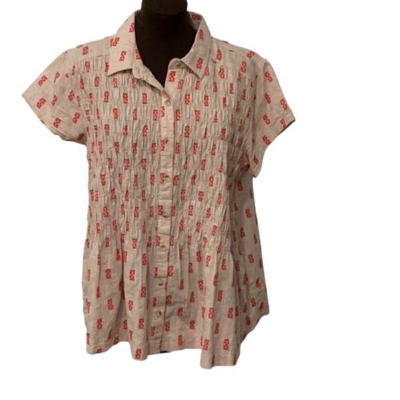 Ivy Jane Button Down Khaki Red 100% Cotton Short Sleeve Flowy Boho Top Size Med - Picture 1 of 8